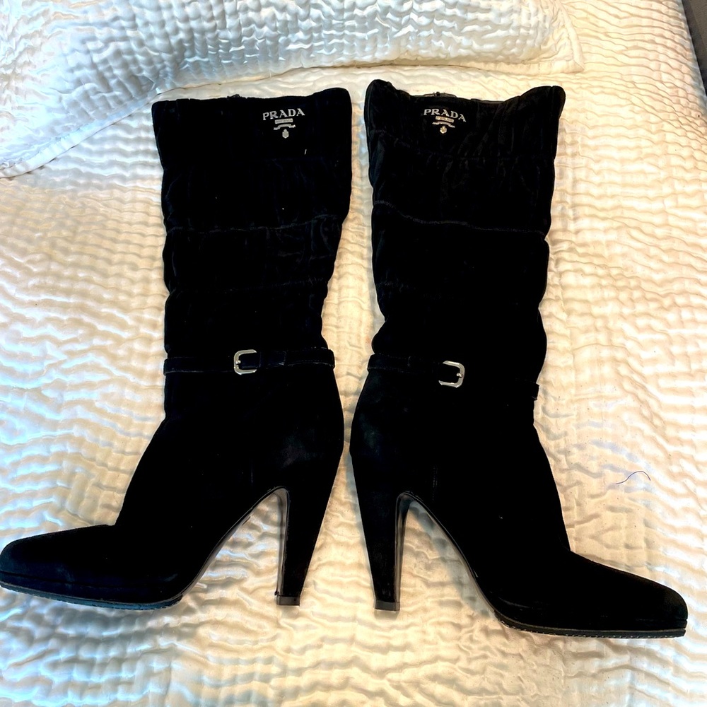 PRADA black suede boots with fabulous logos and decorative buckles - size 40/9